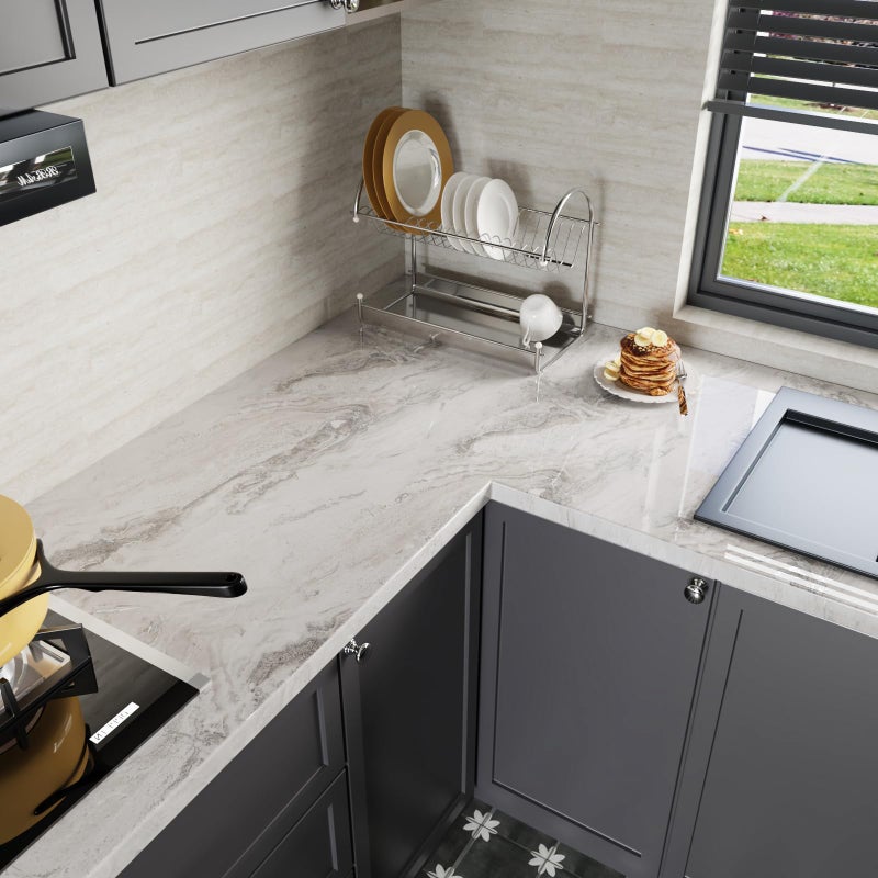 CRE8TIVE Beige Silver Marble Countertop Contact Paper 12""x354"" Glossy Liquid Marble Contact Paper for Cabinets Waterproof Self Adhesive Removable Marble Wallpaper for Kitchen Bedroom Drawers Lockers - Image 3